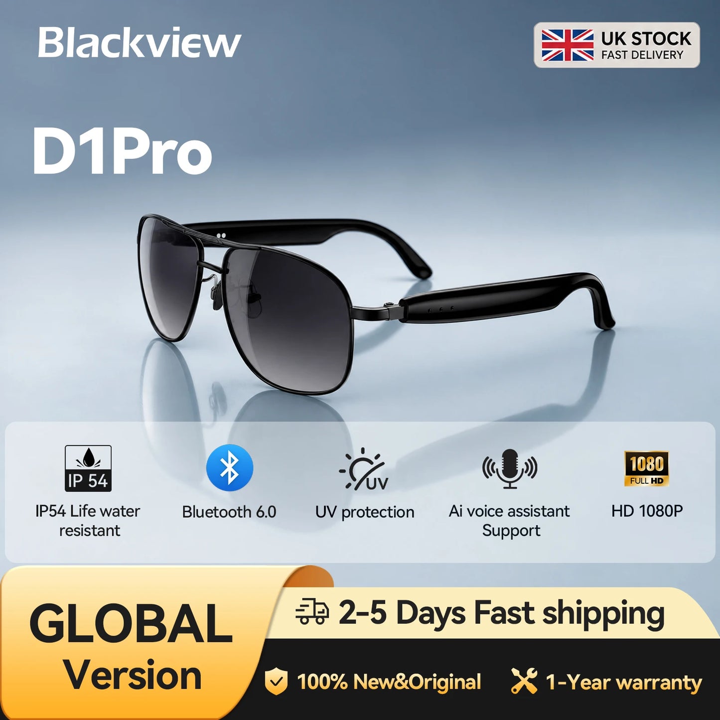 Blackview D1 Pro Smart Glasses | BLE 6.0, Voice Assistant, IP54 Waterproof, UV Protection, Dual Mic & Noise Reduction
