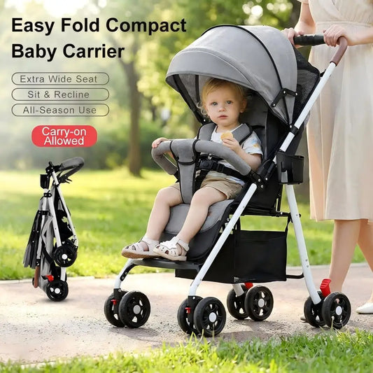 GerTong Lightweight Foldable Baby Stroller | One-Click Fold, Sit & Recline, Mosquito Net & Accessories Included — Black