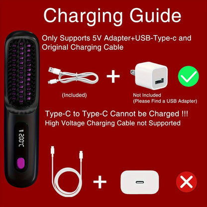Electric Hair Straightener Brush – Portable USB‑Rechargeable Fast‑Heating Straightening Comb | Travel Hair Styling Tool | UK