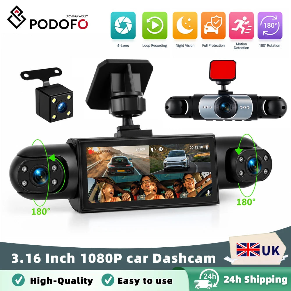 Podofo 3.16 Inch Car Dash Cam 1080P & 3*480P Car Recording Camera Night Vision Car Black Box Loop Recording Car DVR For Car Revesing Front Left Right Rear View Camera Dash Car Camera