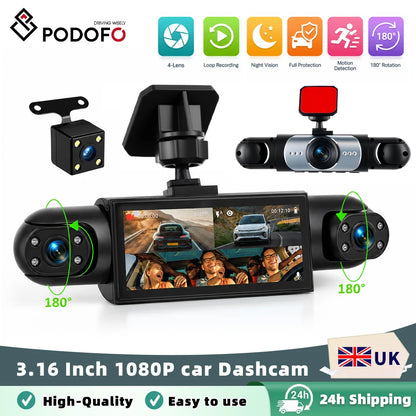Podofo 3.16 Inch Car Dash Cam 1080P & 3*480P Car Recording Camera Night Vision Car Black Box Loop Recording Car DVR For Car Revesing Front Left Right Rear View Camera Dash Car Camera
