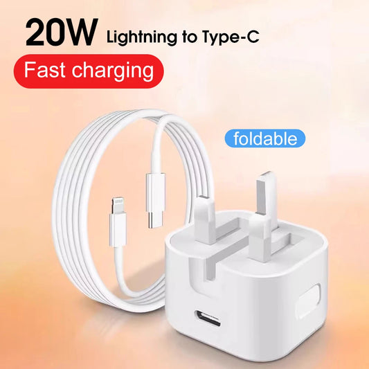 PD 20W Fast Charger with Lightning Cable - Foldable Phone Adapter for iPhone 14/13/12/11 Pro Max & iPad UK