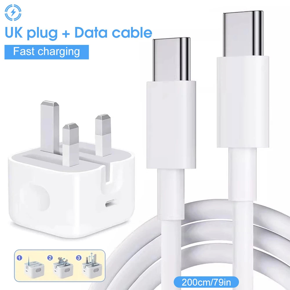 UK plug and data cable set with fast charging text on a white background
