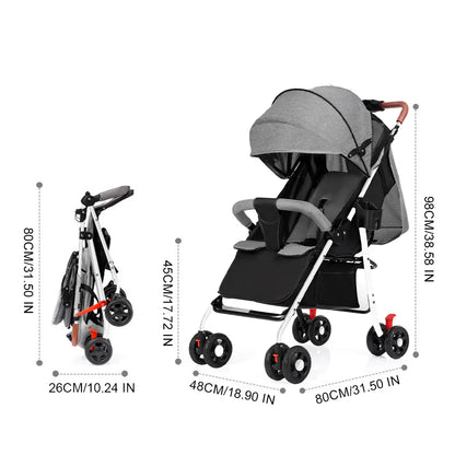 GerTong Lightweight Foldable Baby Stroller | One-Click Fold, Sit & Recline, Mosquito Net & Accessories Included — Black