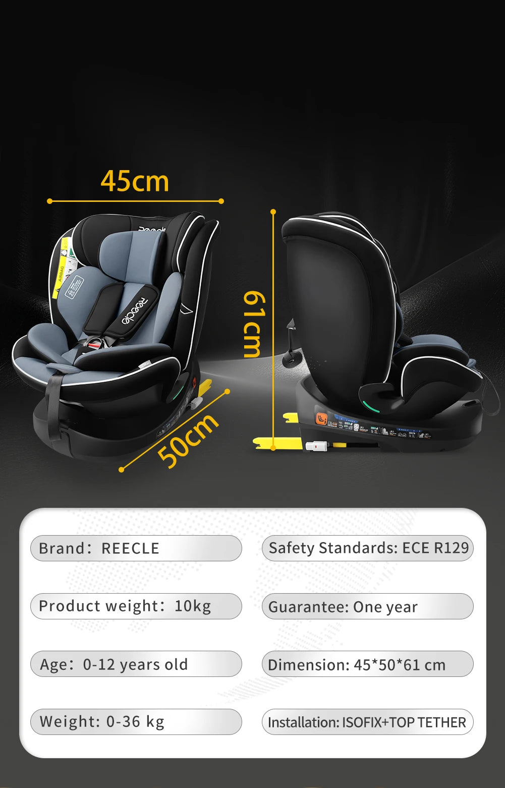 Reecle 360° Swivel i-Size Baby & Child Car Seat | ISOFIX + Top Tether, 40–150cm, 0–12 Years — Black, Grey or Red