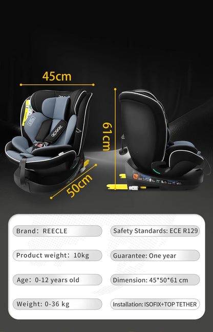 Reecle 360° Swivel i-Size Baby & Child Car Seat | ISOFIX + Top Tether, 40–150cm, 0–12 Years — Black, Grey or Red