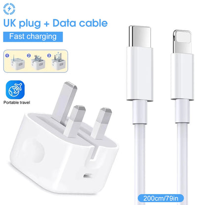 PD 20W Fast Charger with Lightning Cable - Foldable Phone Adapter for iPhone 14/13/12/11 Pro Max & iPad UK