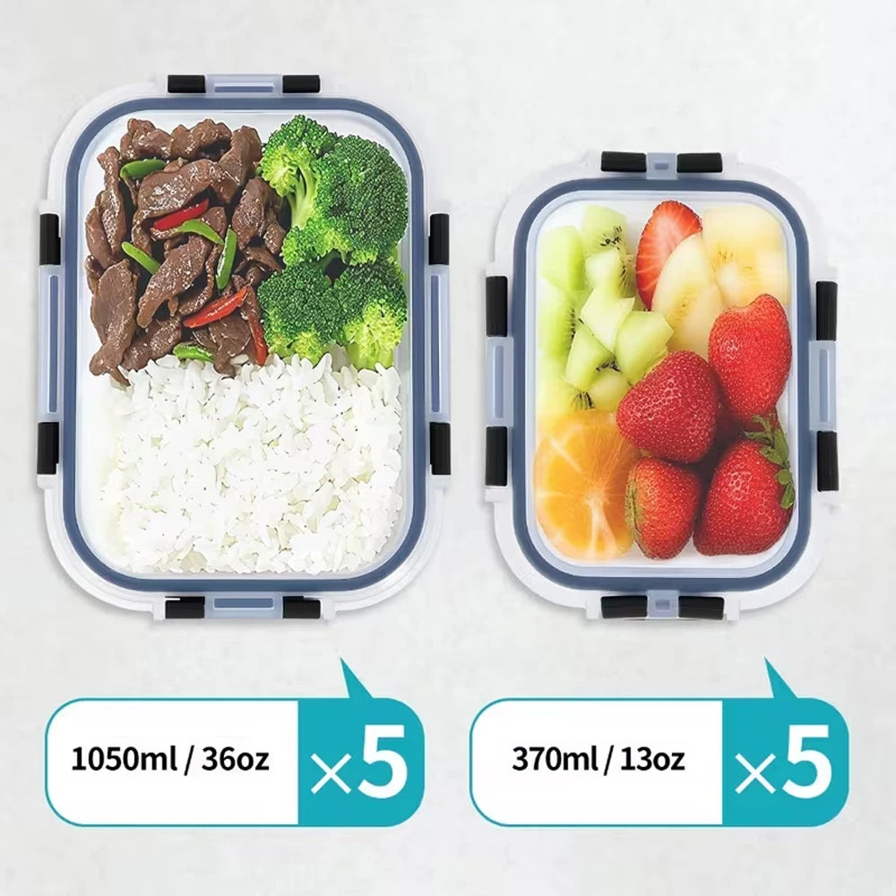 10-Piece Borosilicate Glass Food Storage Set | 5×370ml + 5×1040ml, Airtight BPA-Free Lids, Microwave & Dishwasher Safe