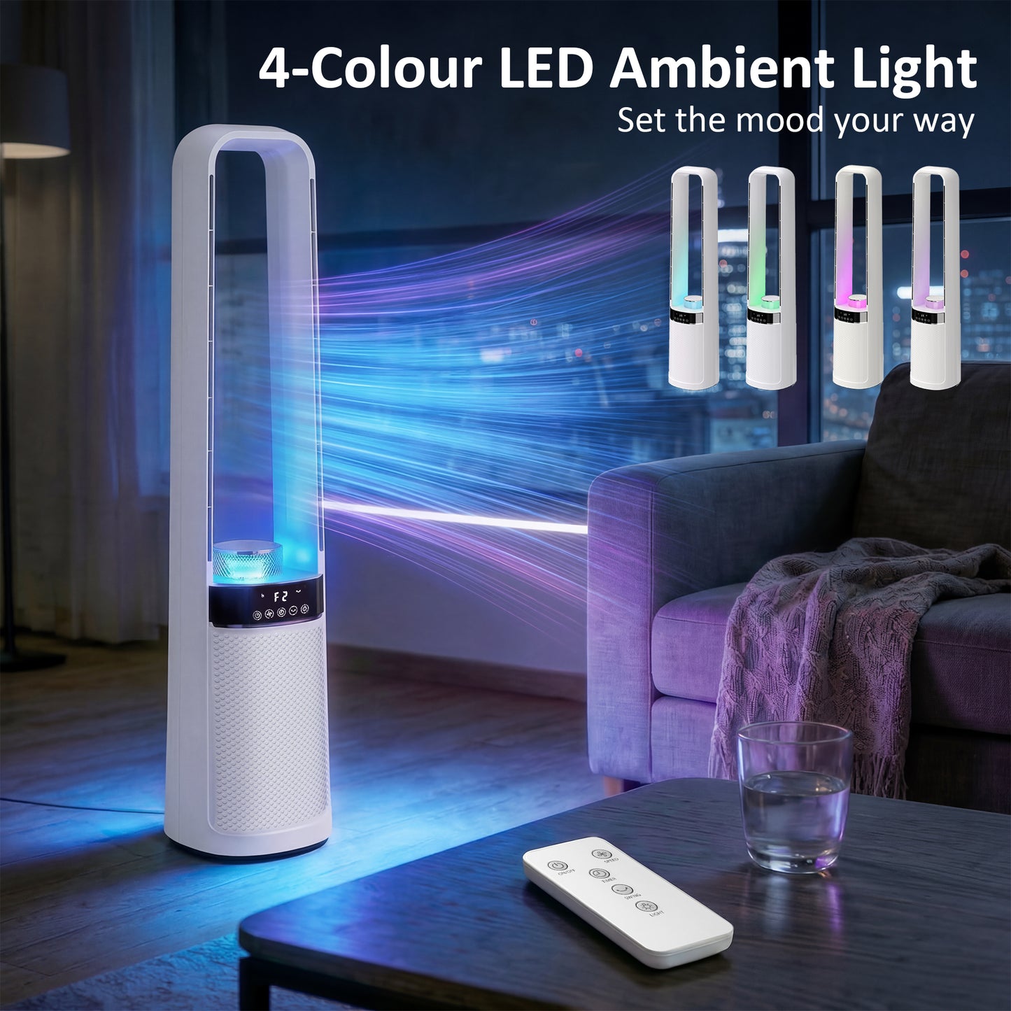 HOMCOM 93cm Bladeless Tower Fan with LED Mood Light | 36dB, 6m/s, 45° Oscillation, 12H Timer, Remote — White