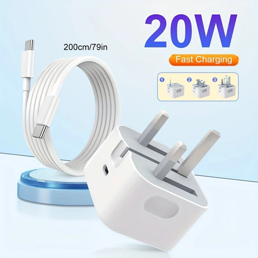 White charging cable and plug with '20W Fast Charging' text on a light blue background