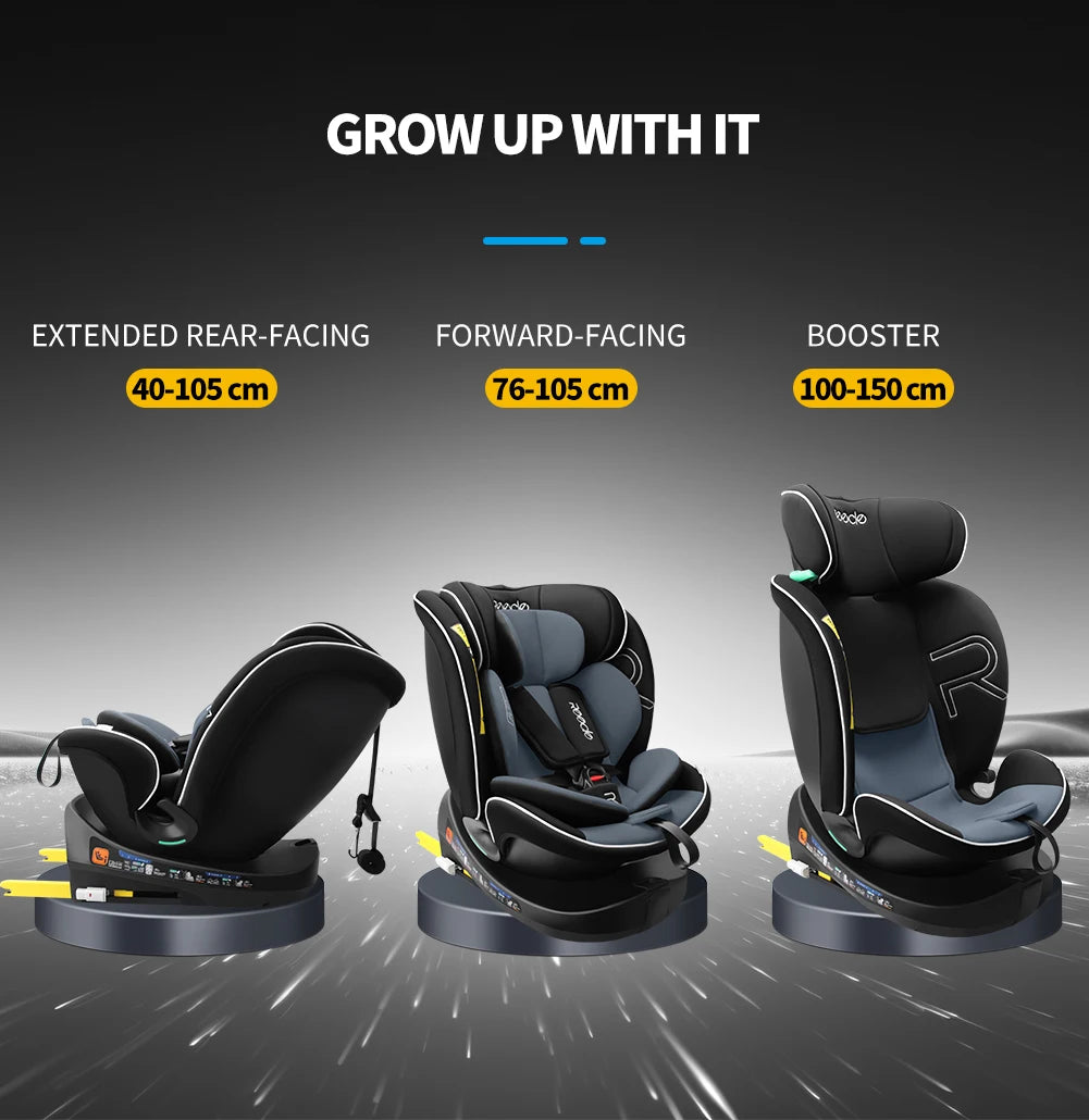 Reecle 360° Swivel i-Size Baby & Child Car Seat | ISOFIX + Top Tether, 40–150cm, 0–12 Years — Black, Grey or Red