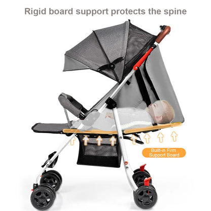 GerTong Lightweight Foldable Baby Stroller | One-Click Fold, Sit & Recline, Mosquito Net & Accessories Included — Black