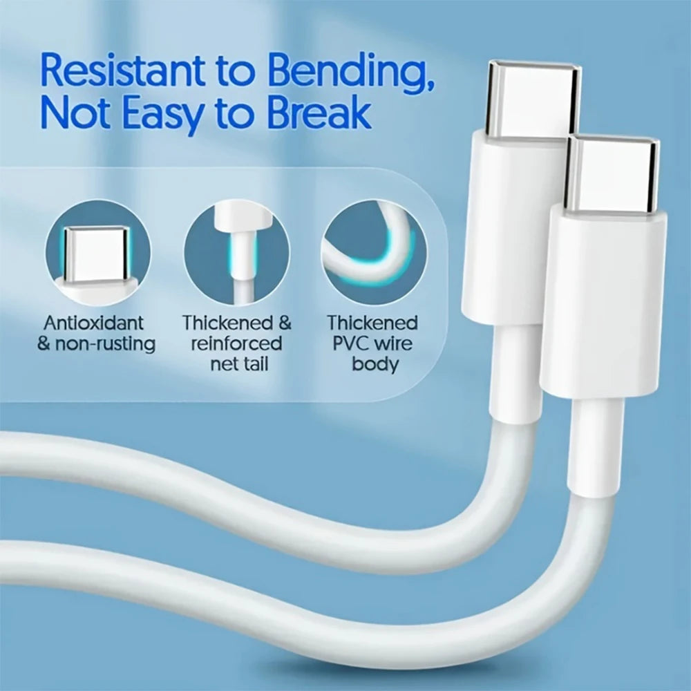 White charging cable with text on a blue background