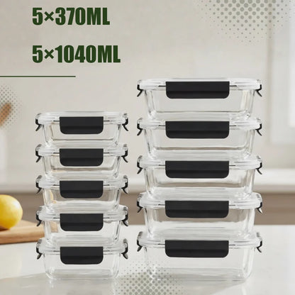10-Piece Borosilicate Glass Food Storage Set | 5×370ml + 5×1040ml, Airtight BPA-Free Lids, Microwave & Dishwasher Safe
