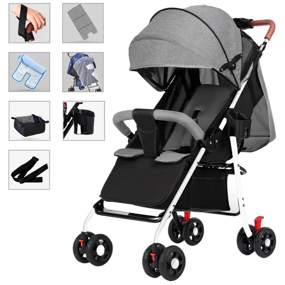 GerTong Lightweight Foldable Baby Stroller | One-Click Fold, Sit & Recline, Mosquito Net & Accessories Included — Black