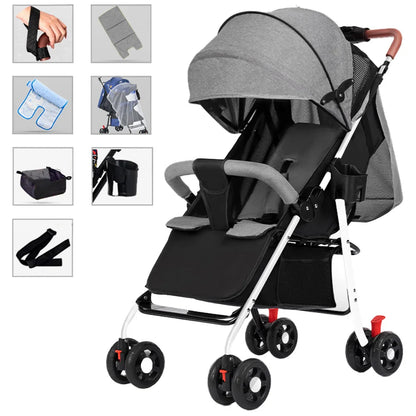 GerTong Lightweight Foldable Baby Stroller | One-Click Fold, Sit & Recline, Mosquito Net & Accessories Included — Black