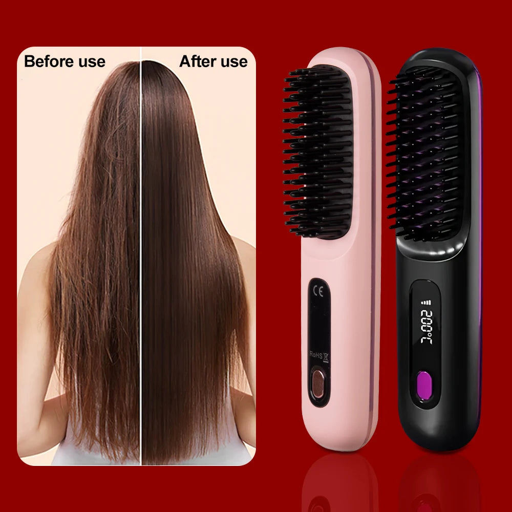 Electric Hair Straightener Brush – Portable USB‑Rechargeable Fast‑Heating Straightening Comb | Travel Hair Styling Tool | UK