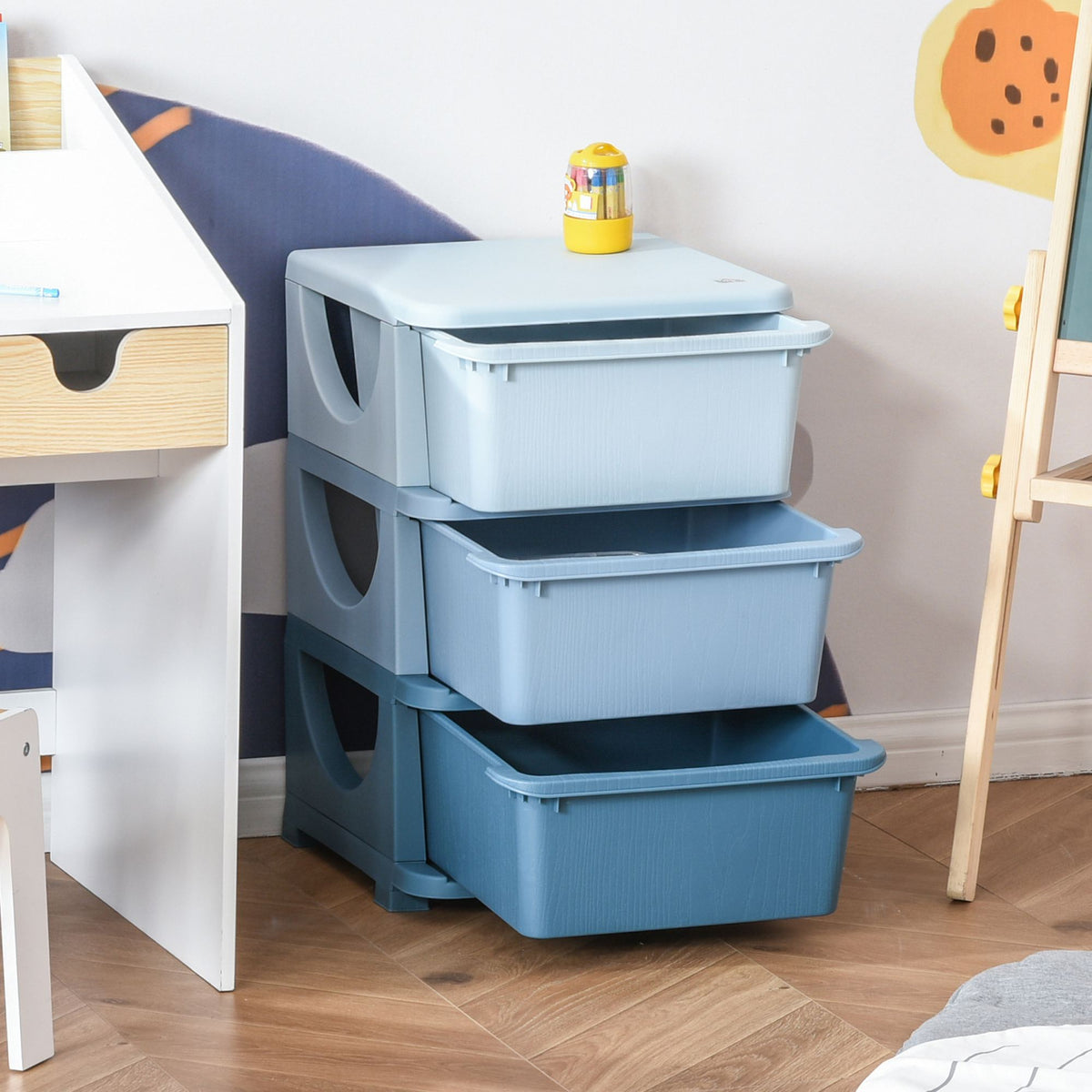 HOMCOM 3 Drawers Plastic Kids Storage Units, 3 Tier Children Toy Chest for Nursery, Playroom, Bedroom, Blue