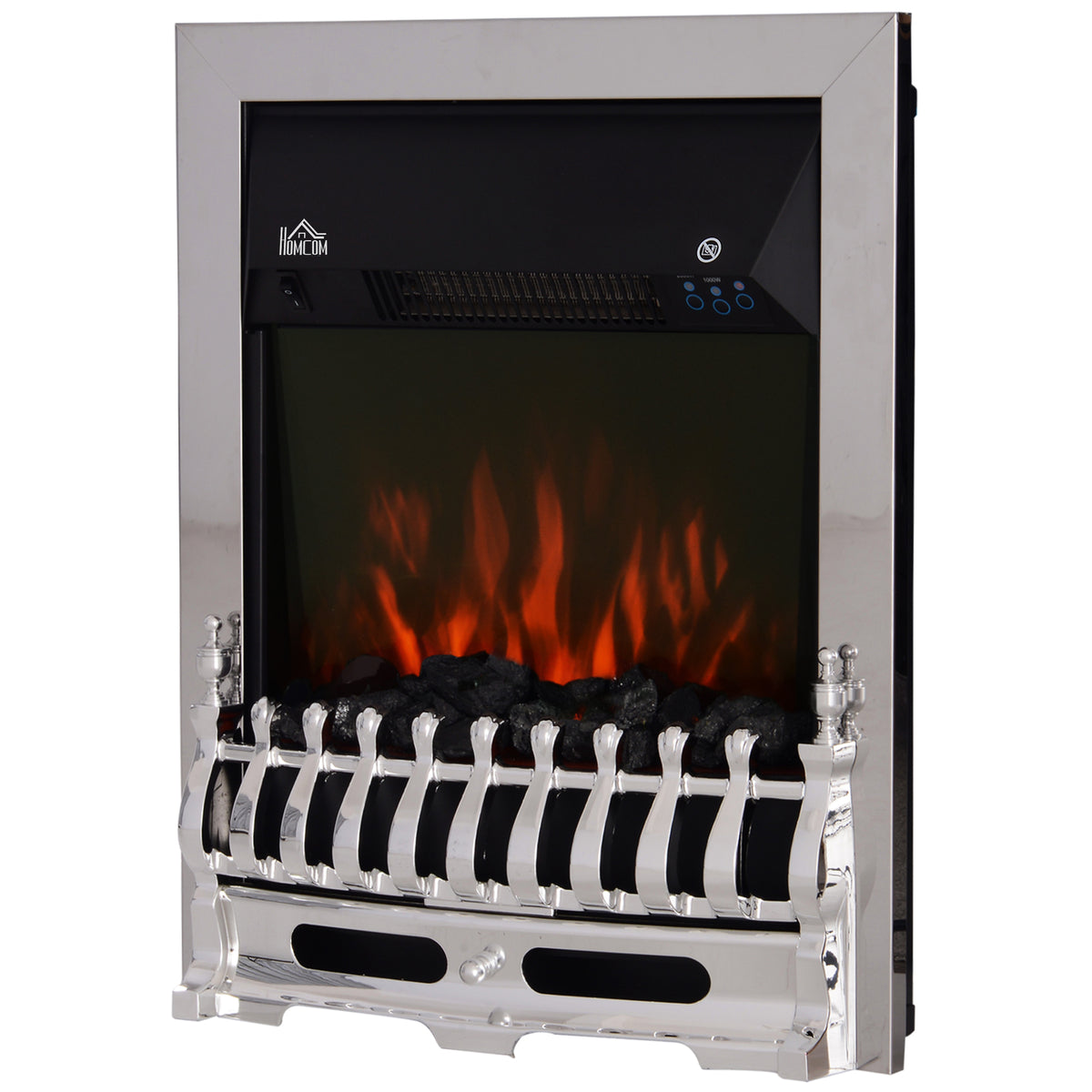 HOMCOM Contemporary Electric Fireplace Coal Burning Flame Effect Inset Fire Place Space Heater Glass View LED Lighting with Remote Control, 1000W/2000W, Silver