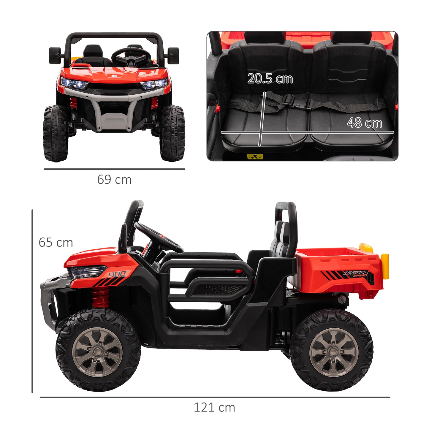 HOMCOM 12V two-seater kids ride-on car in red - product view 3