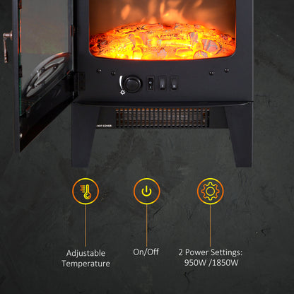 HOMCOM Electric Fireplace Stove, Freestanding Log Burner, 1000W/2000W, Portable Electric Fire Fan Heater with LED Flame Effect, Adjustable Thermostat, Glass, Overheat Protection, Black