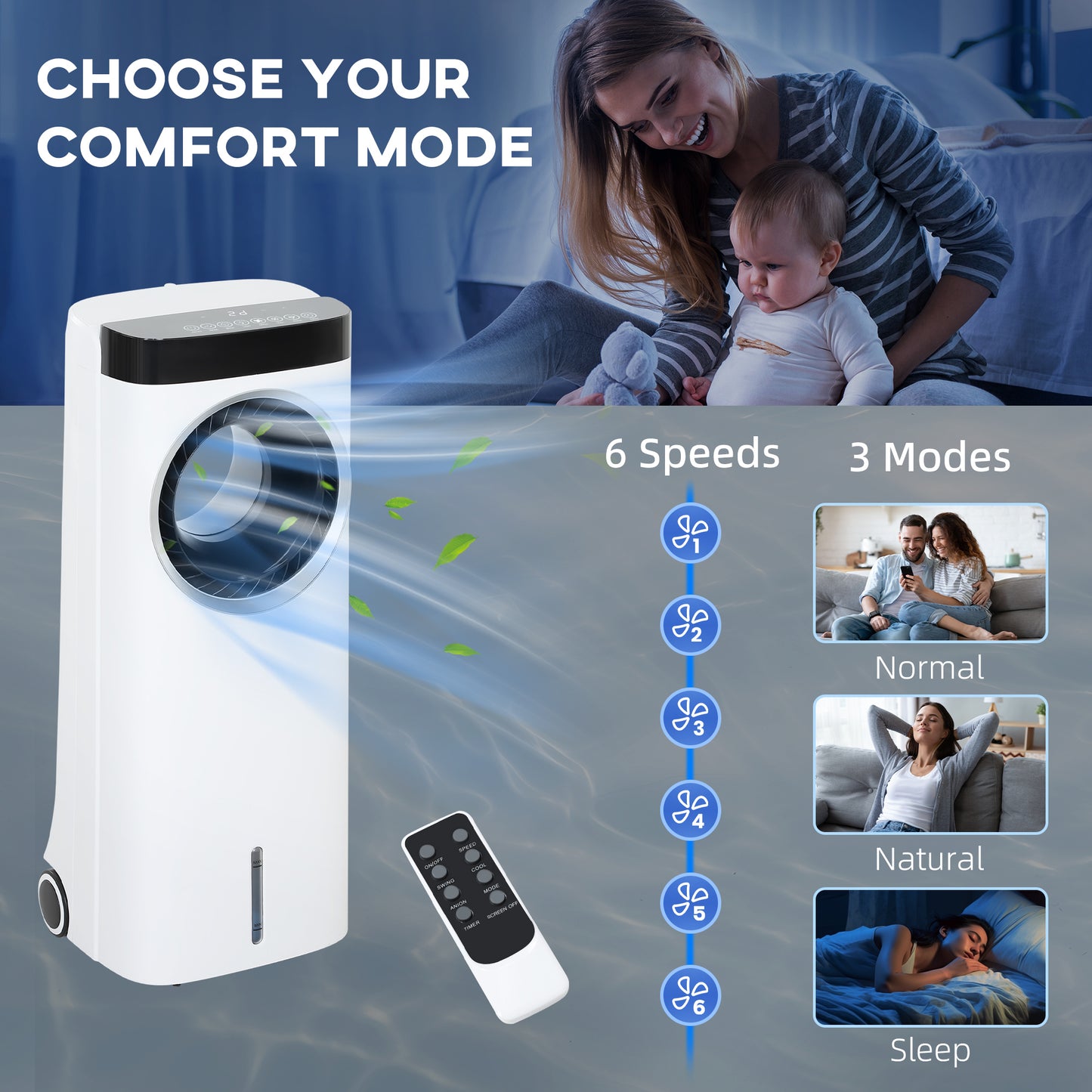 HOMCOM Bladeless Evaporative Air Cooler Fan with Humidifier & Air Purifier – 6.5L Water Tank, Remote Control, 3 Modes, 6 Speeds – Energy-Efficient Cooling for Home Use