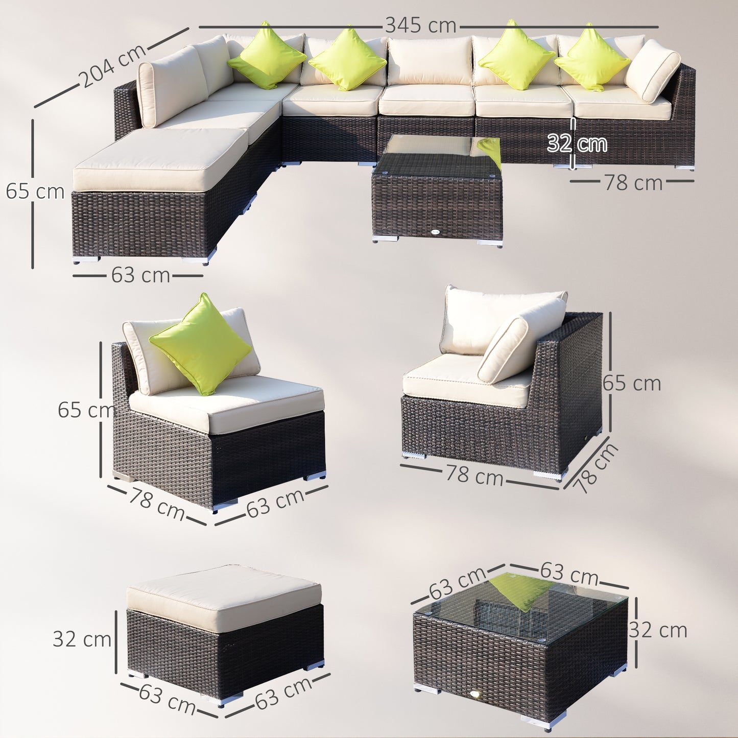 Outsunny 8-Piece Rattan Corner Sofa Set | Garden Furniture with Cushions & Glass Table