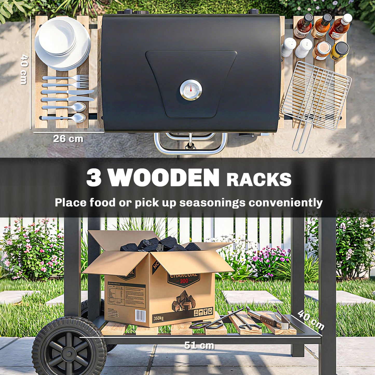 Outsunny Adjustable Charcoal BBQ Grill & Smoker with Warming Rack - Black