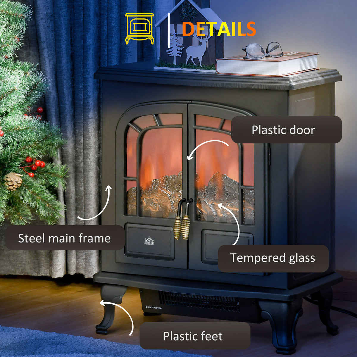 HOMCOM Electric Fireplace Stove Freestanding Log Burner with Double Door, 1000W/2000W, Portable Electric Fire Fan Heater with LED Flame Effect, Adjustable Thermostat, Overheat Protection, Black