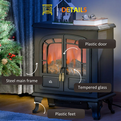 HOMCOM Electric Fireplace Stove Freestanding Log Burner with Double Door, 1000W/2000W, Portable Electric Fire Fan Heater with LED Flame Effect, Adjustable Thermostat, Overheat Protection, Black