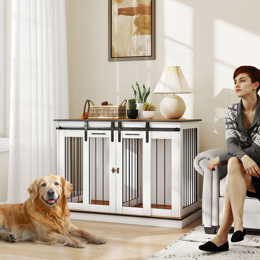 PawHut Dog Crate Furniture | Double Dog Cage with Divider, White