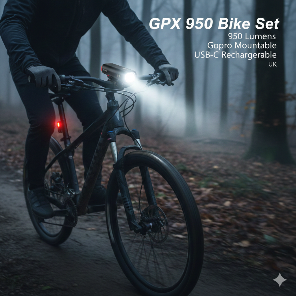 GPX 950 Bike Light Set – GoPro Mountable, USB‑C Rechargeable Front & Rear Lights (950 Lumens) | UK