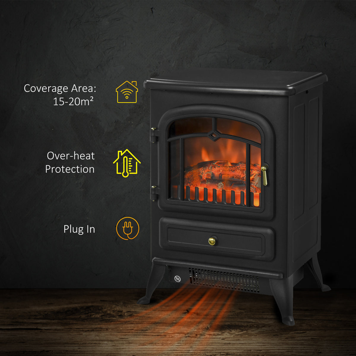 HOMCOM Freestanding Electric Fireplace Indoor Heater Glass View Log Wood Burning Effect Flame Portable Fireplace Stove 1000/2000W Black
