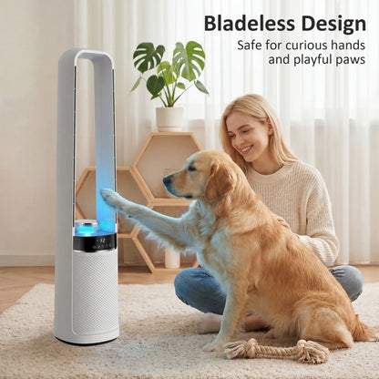 HOMCOM 93cm Bladeless Tower Fan with LED Mood Light | 36dB, 6m/s, 45° Oscillation, 12H Timer, Remote — White