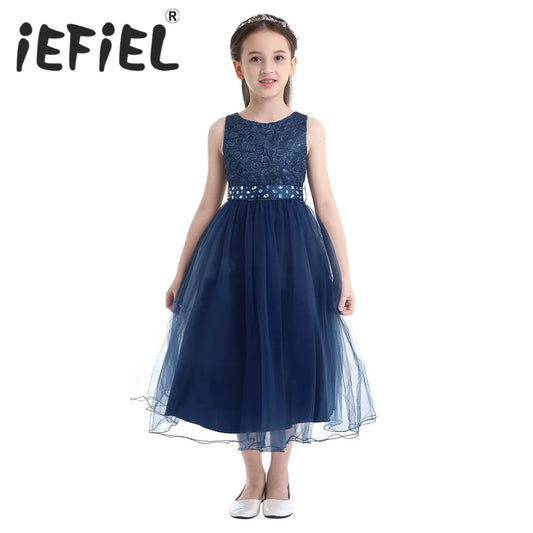 iEFiEL Girls Flower Girl Dress – Elegant Lace & Sequin Princess Ball Gown Tulle Pageant Wedding Party Dress (Ages 2–14 Years)