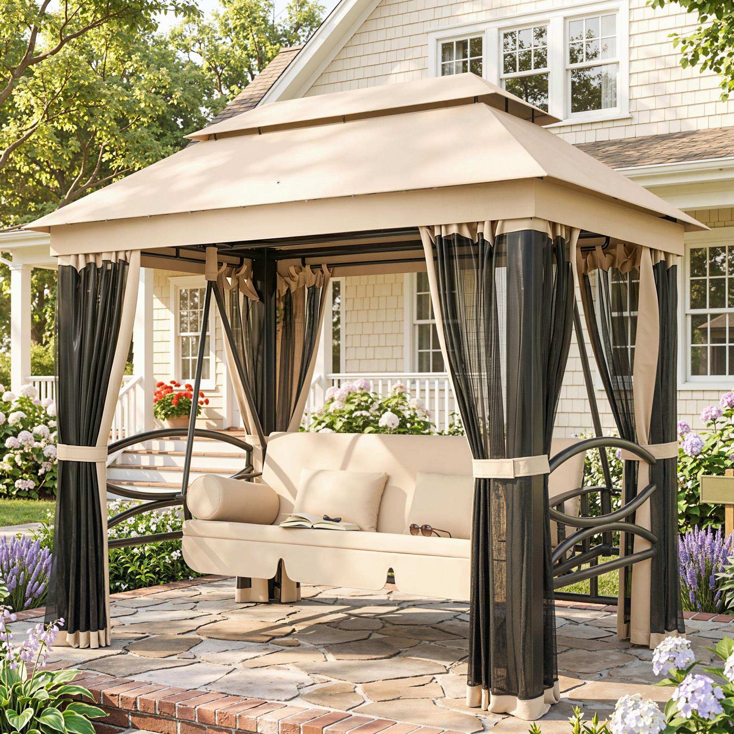 Outsunny 3-Seater Garden Swing Chair | Convertible Patio Bench Bed with Canopy