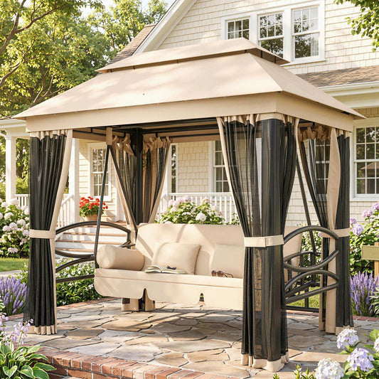 Outsunny 3-Seater Garden Swing Chair | Convertible Patio Bench Bed with Canopy