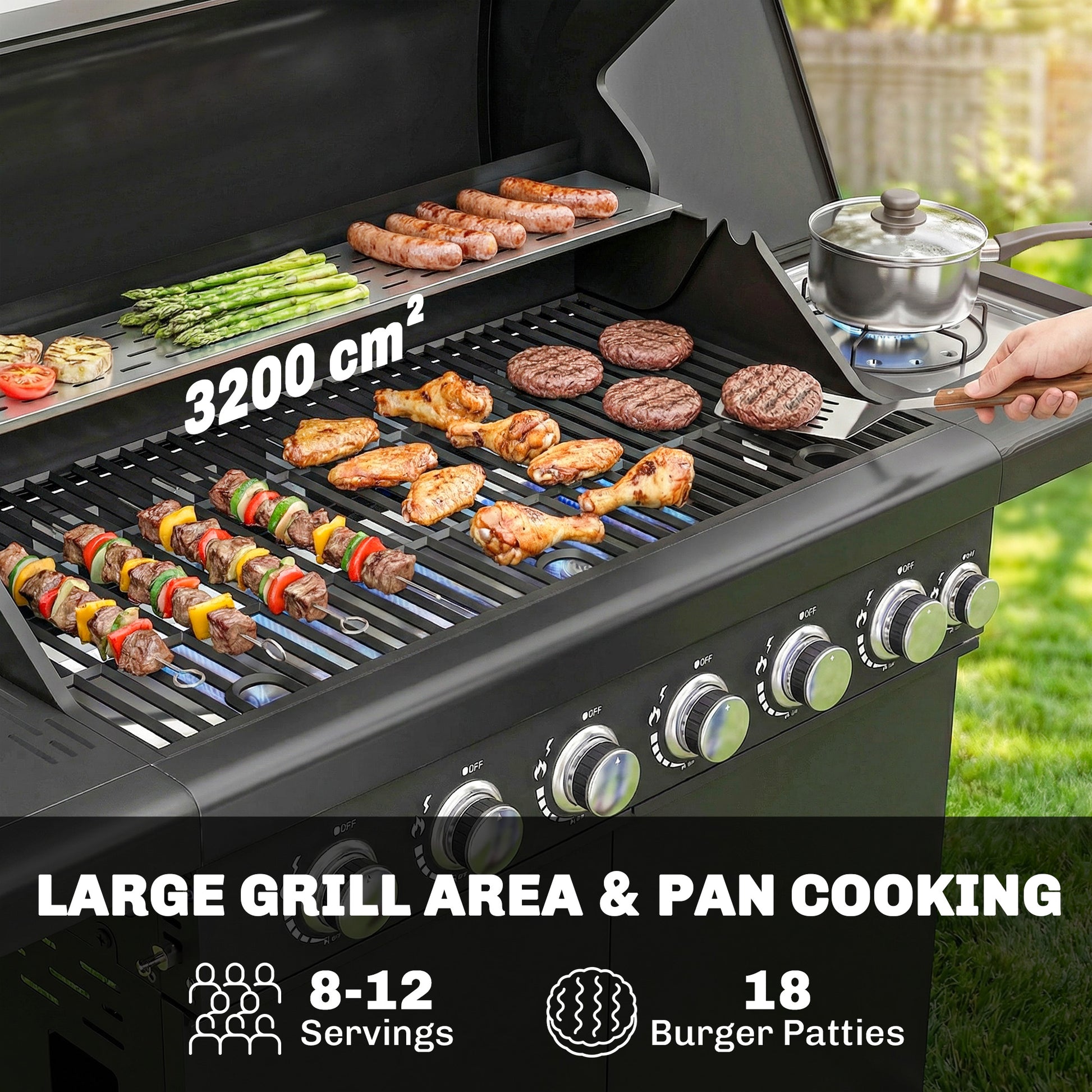 Outsunny six plus one burner gas barbecue grill in black - product view 4