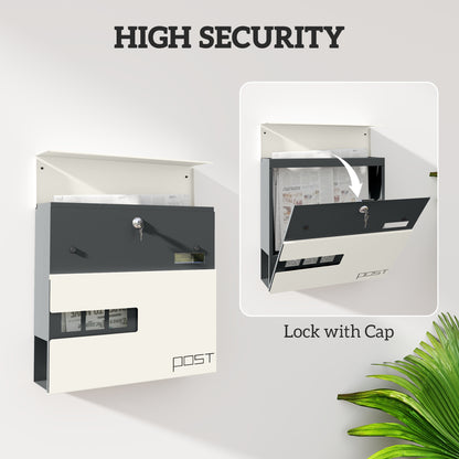HOMCOM Wall Mounted Post Box - Modern Weatherproof Letterbox with Lock & Keys - Stainless Steel Design for UK Homes