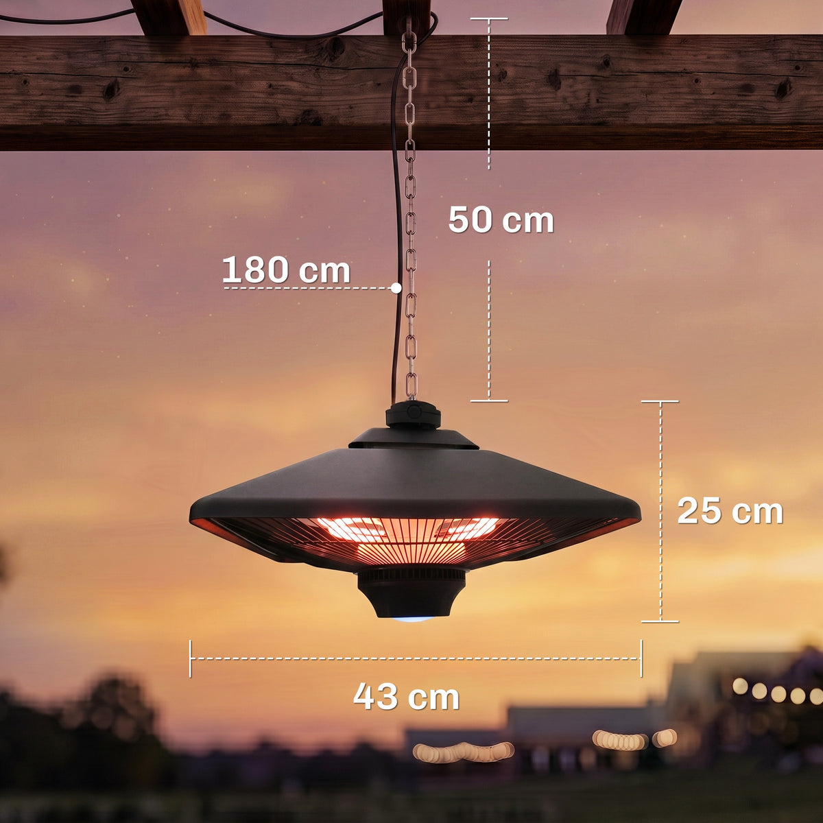 Outsunny Hanging Electric Patio Heater with 2 Power Settings, 1000/2000W Waterproof Ceiling Mounted Aluminium Halogen Infrared Outdoor Heater Warmer with LED Light and Remote Control, Black