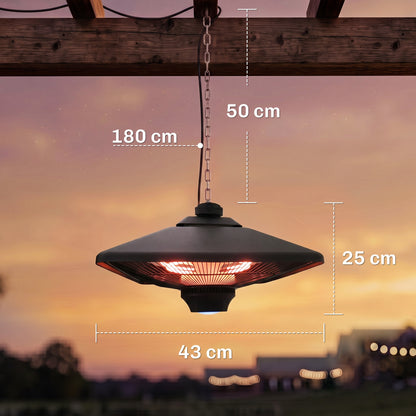 Outsunny Hanging Electric Patio Heater with 2 Power Settings, 1000/2000W Waterproof Ceiling Mounted Aluminium Halogen Infrared Outdoor Heater Warmer with LED Light and Remote Control, Black