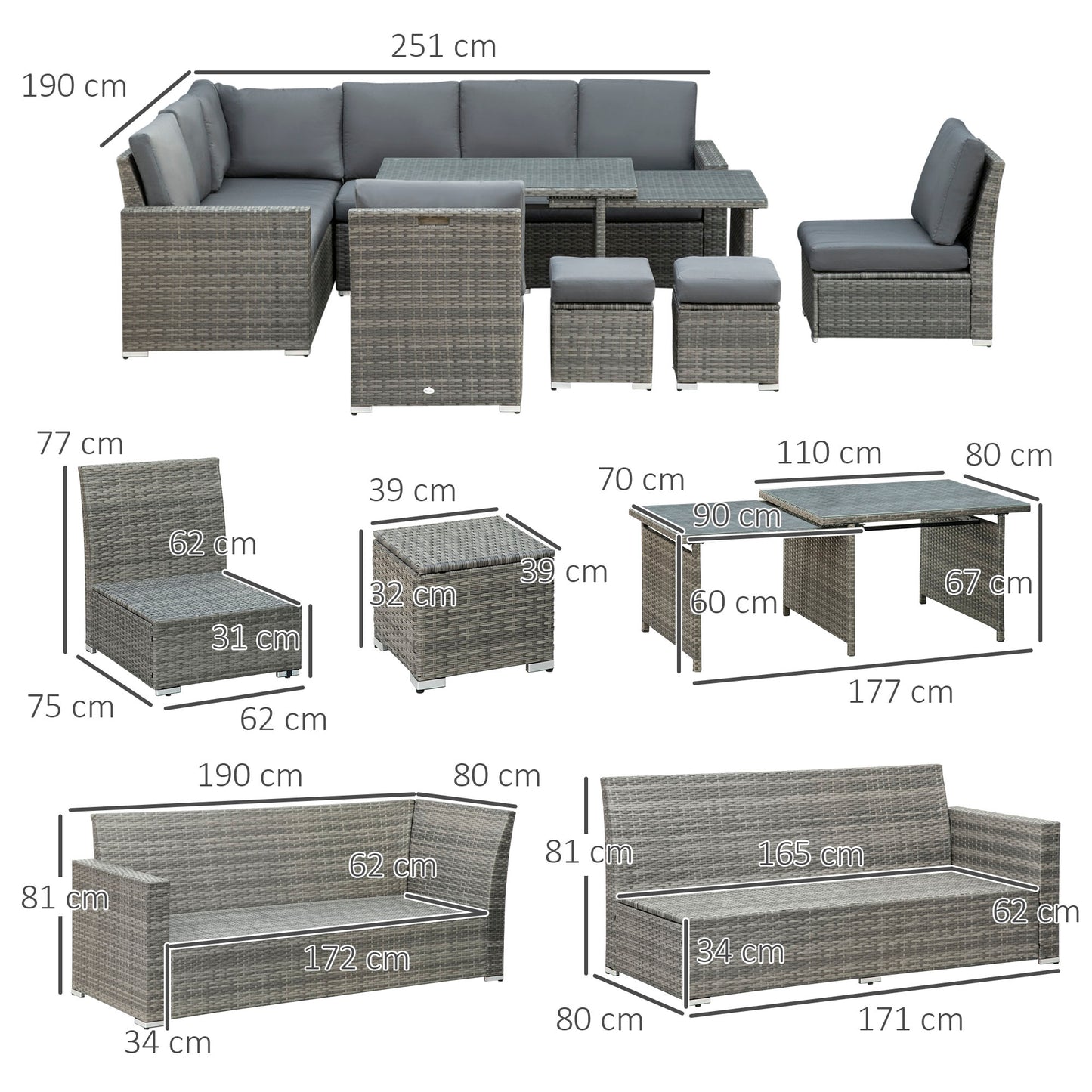 Outsunny 7-Piece Rattan Garden Sofa Set | Expanding Table, Grey