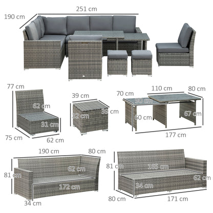 Outsunny 7-Piece Rattan Garden Sofa Set | Expanding Table, Grey