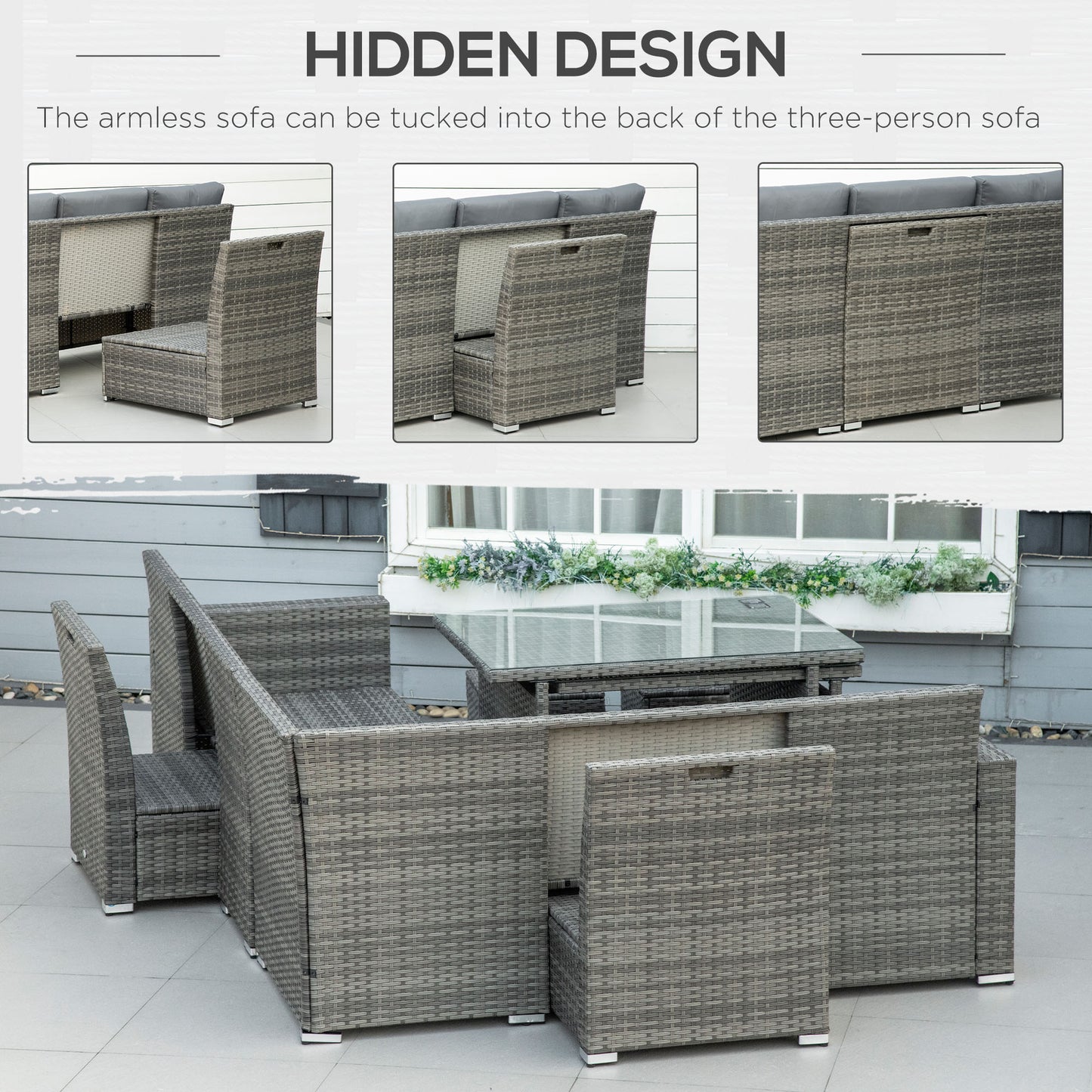 Outsunny 7-Piece Rattan Garden Sofa Set | Expanding Table, Grey