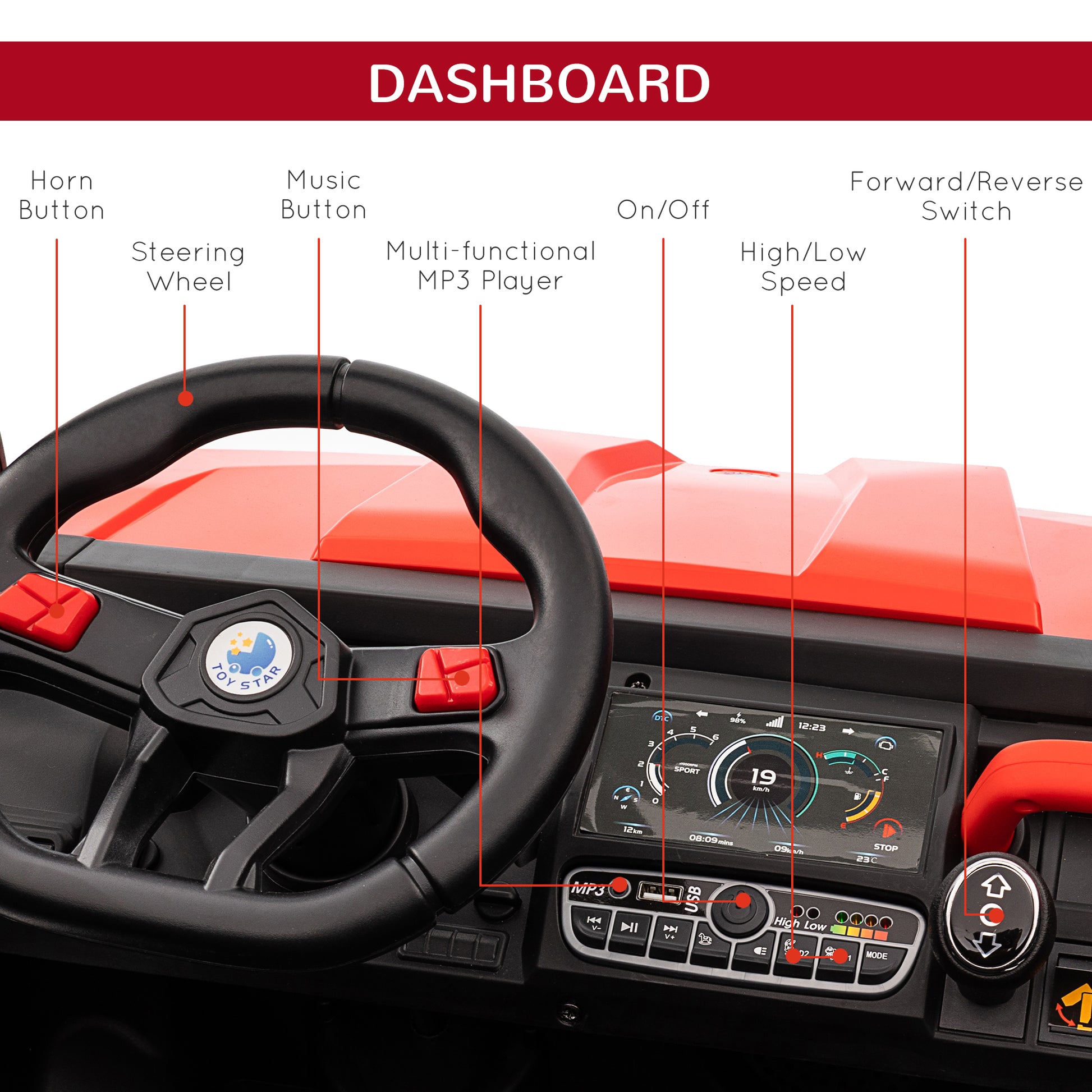 HOMCOM 12V two-seater kids ride-on car in red - product view 6