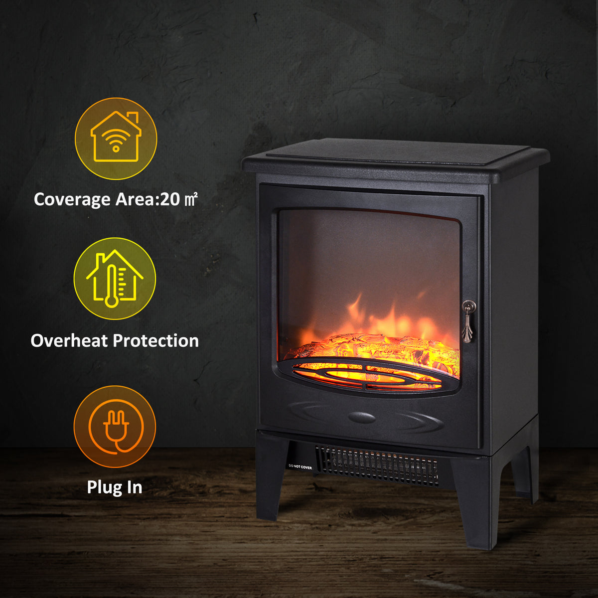HOMCOM Electric Fireplace Stove, Freestanding Log Burner, 1000W/2000W, Portable Electric Fire Fan Heater with LED Flame Effect, Adjustable Thermostat, Glass, Overheat Protection, Black