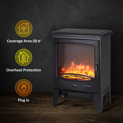 HOMCOM Electric Fireplace Stove, Freestanding Log Burner, 1000W/2000W, Portable Electric Fire Fan Heater with LED Flame Effect, Adjustable Thermostat, Glass, Overheat Protection, Black