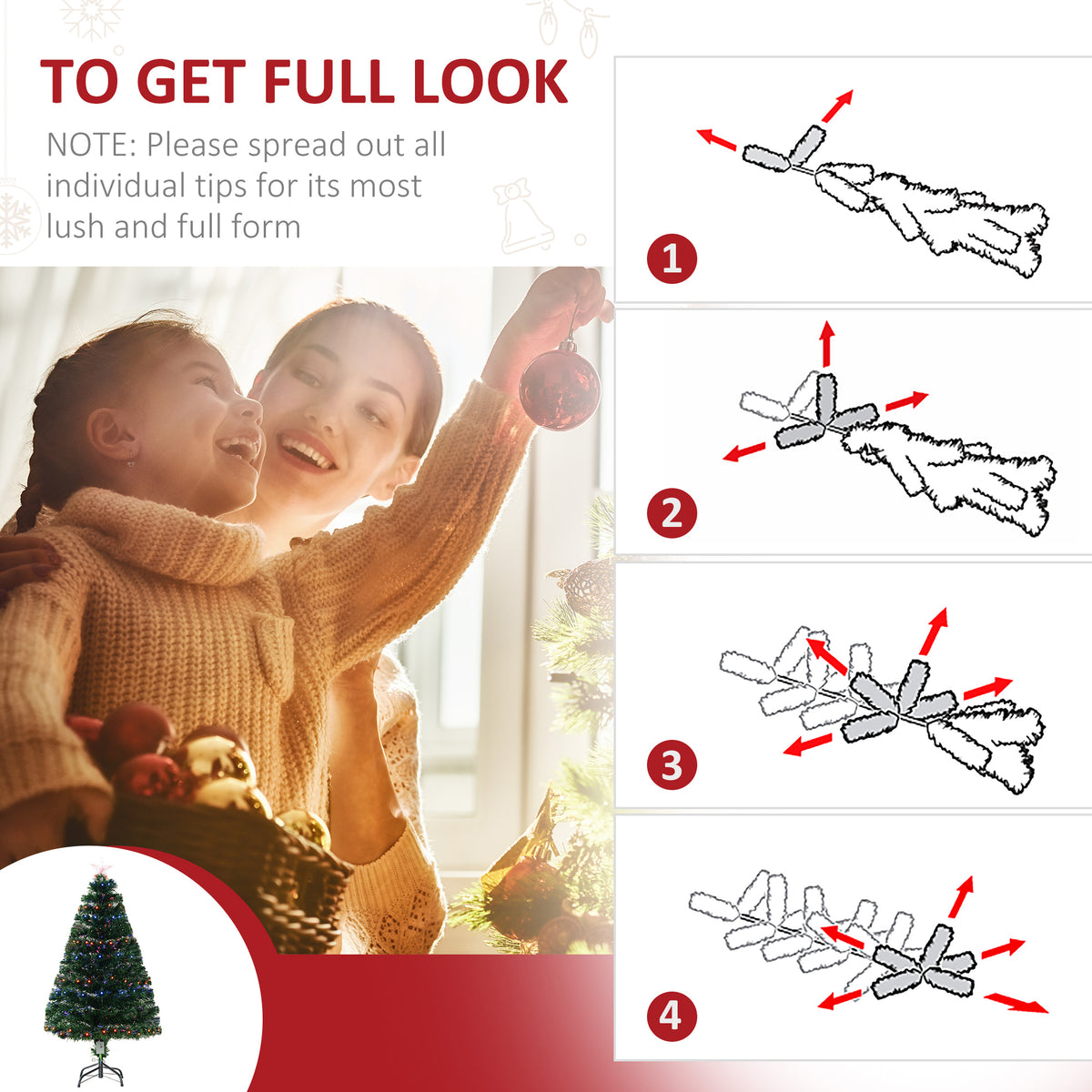 HOMCOM 4 Feet Prelit Artificial Christmas Tree with Multi-Coloured Fiber Optic LED Light, Holiday Home Xmas Decoration, Green