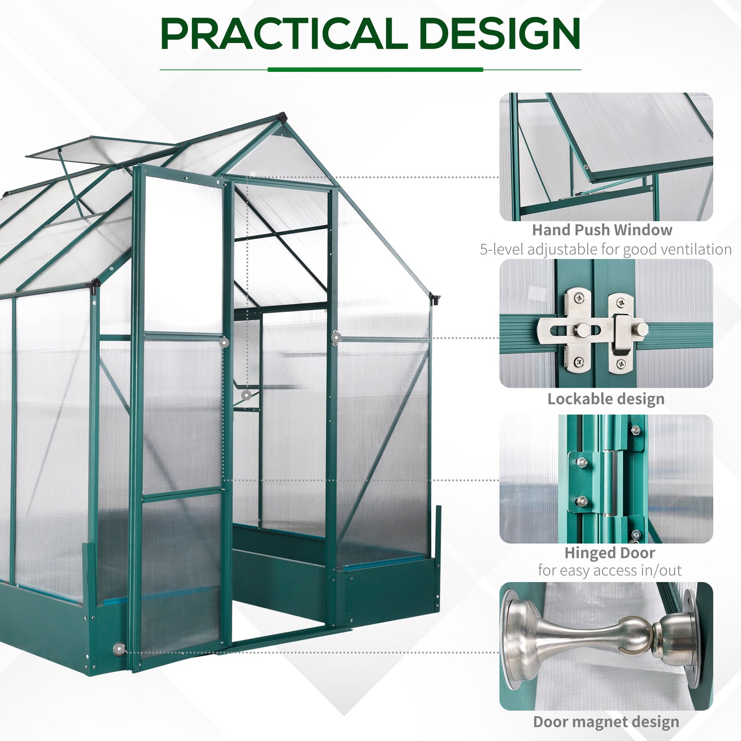 Outsunny six by eight foot polycarbonate walk-in greenhouse - product view 5