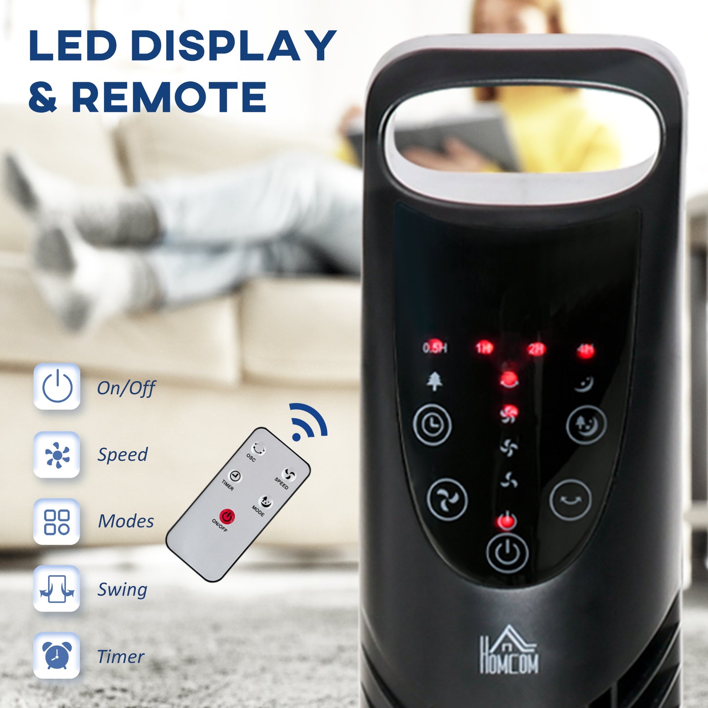 HOMCOM 31" Bladeless Tower Fan | 70° Oscillation, 37.8dB Quiet, 7.5H Timer, Remote Control — Black